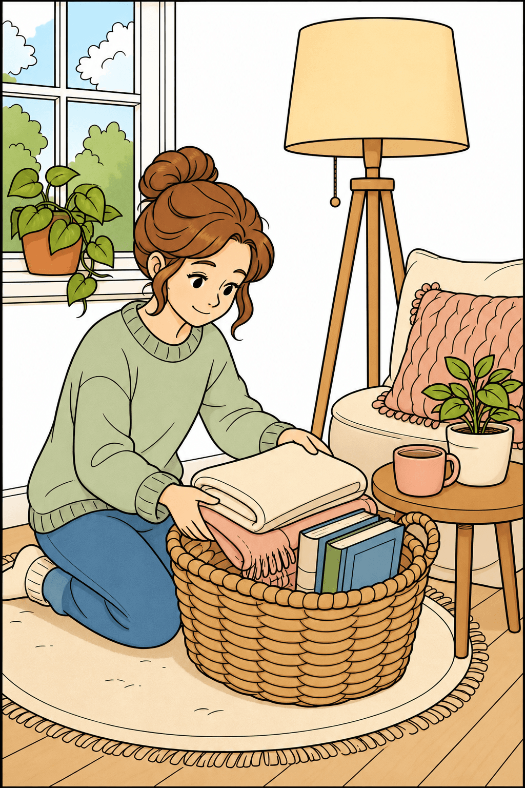 Woman Organizing a Cozy Reading Corner clean-digital colorized preview