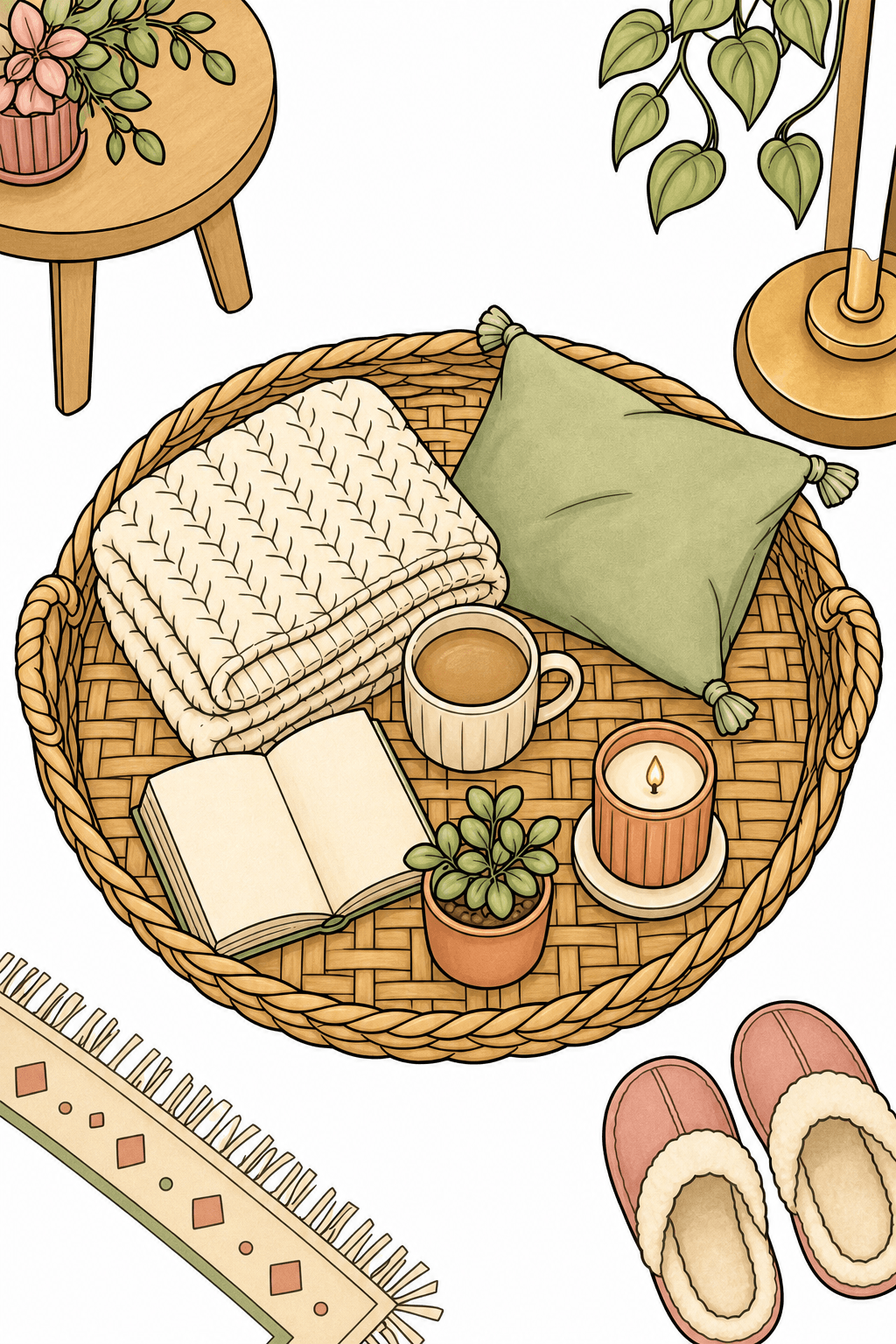 Reading Nook on a Round Woven Mat storybook colorized preview