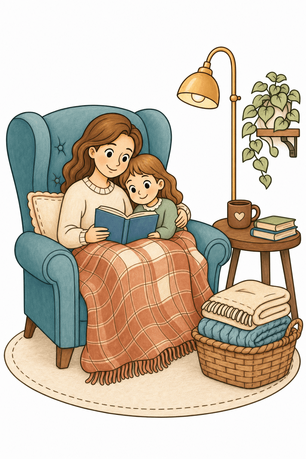 Family Reading Together in an Armchair storybook colorized preview