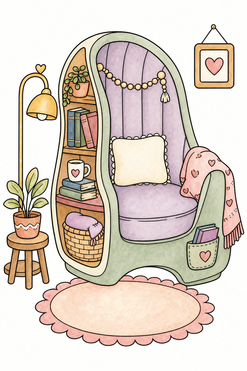 Reading Nook Chair with Books and Plants watercolor colorized preview