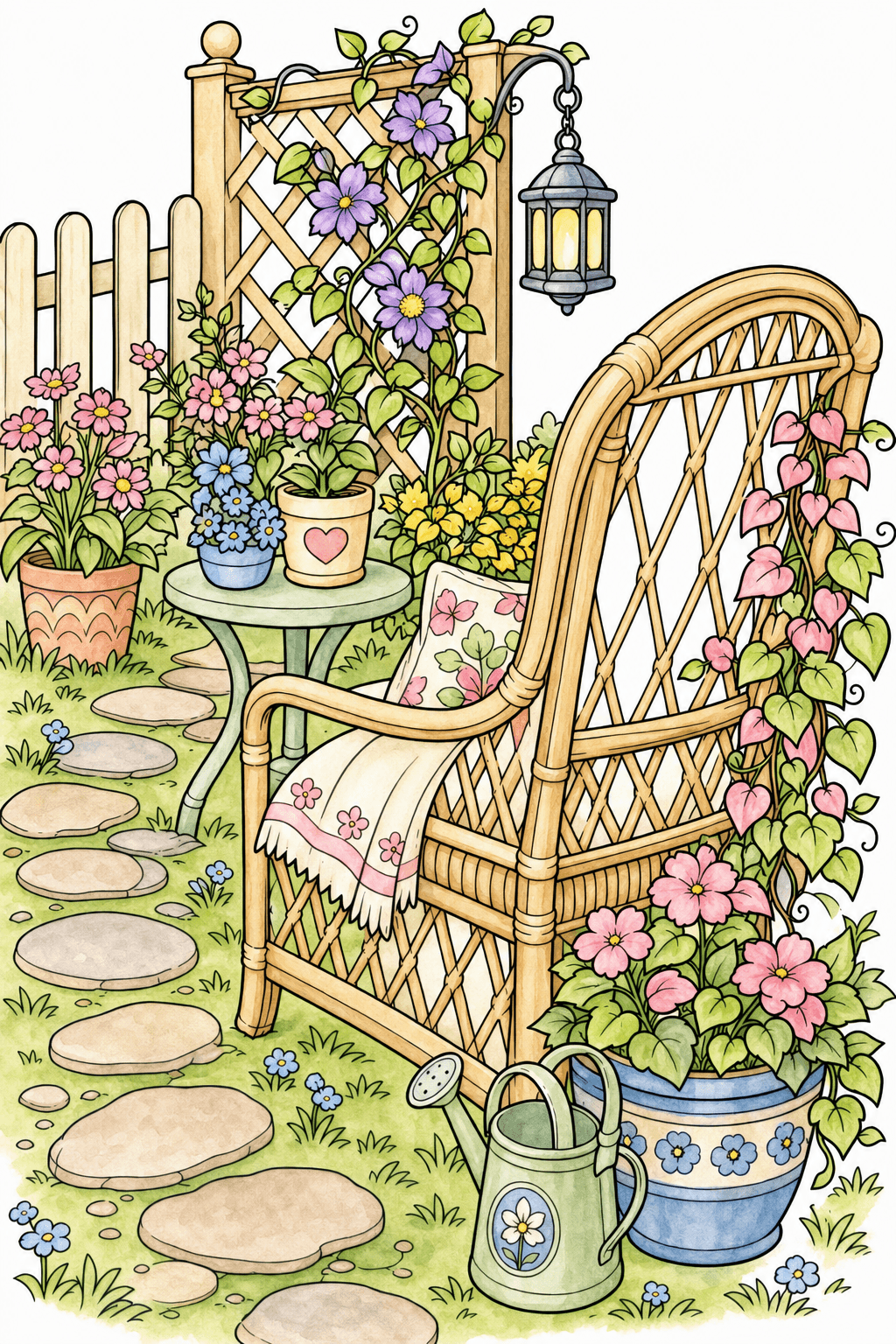 Wicker Chair and Flower Garden Coloring Page watercolor colorized preview