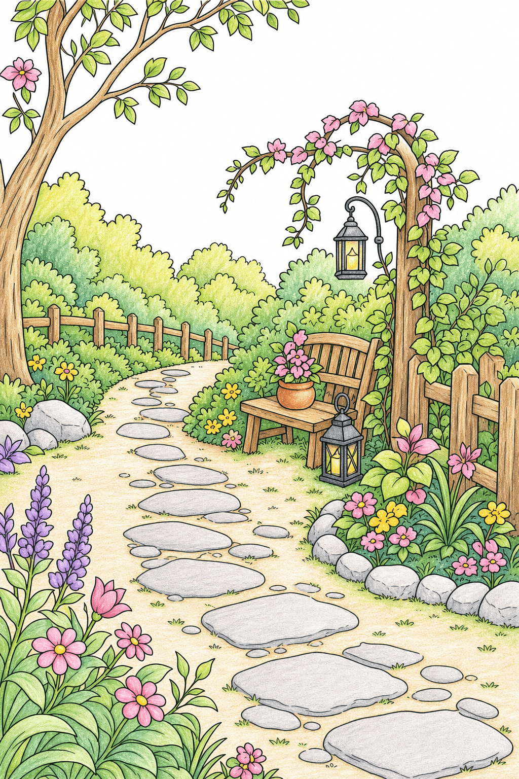 Garden Path with a Vine-Covered Arbor colored-pencil colorized preview