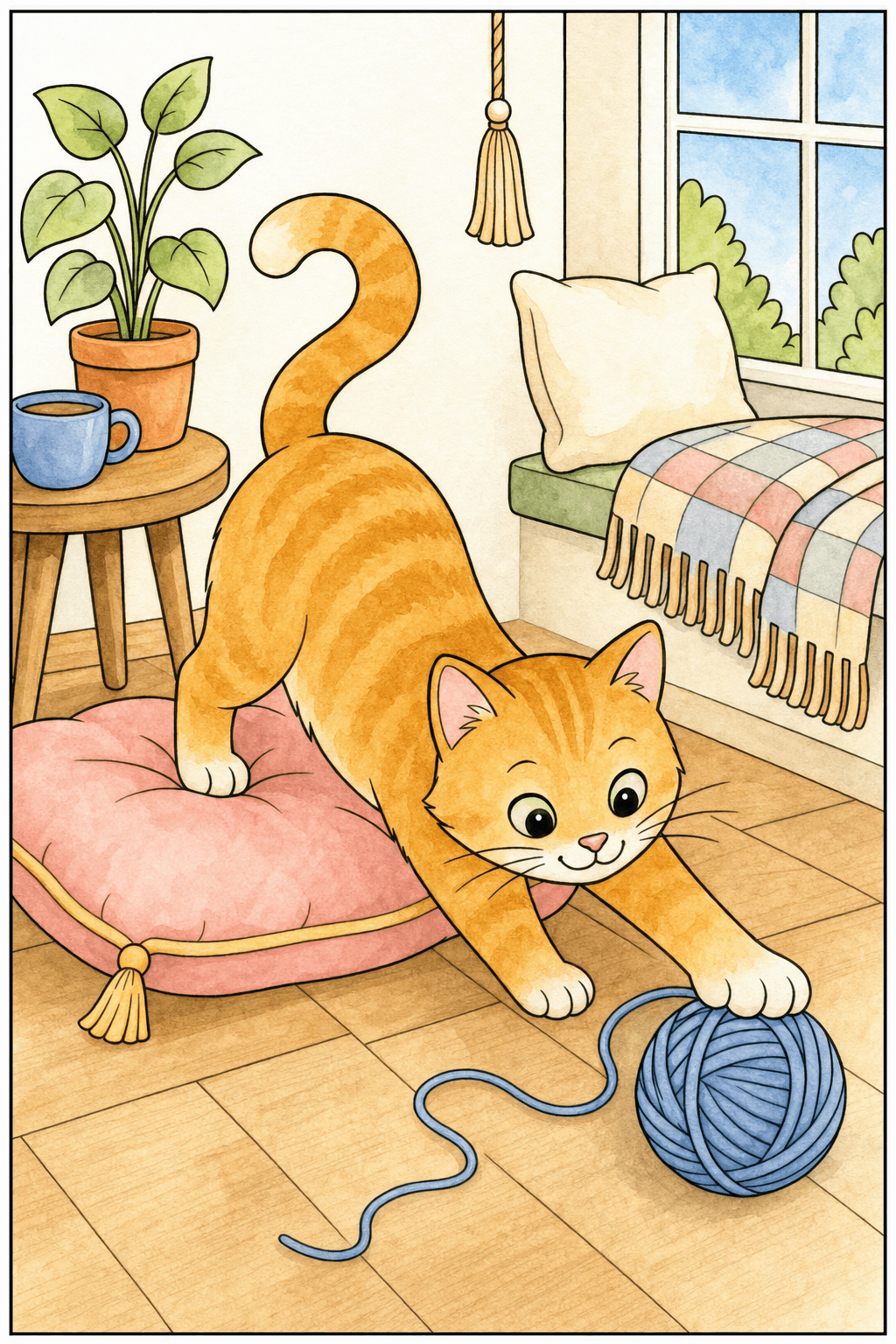 Cat Stretching Toward a Ball of Yarn watercolor colorized preview