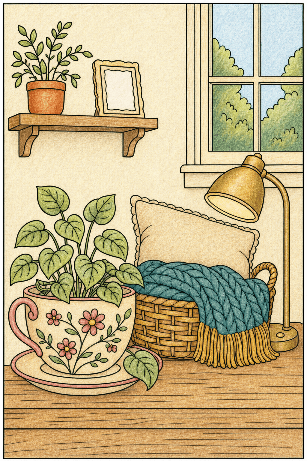 Teacup Planter Beside a Blanket Basket colored-pencil colorized preview