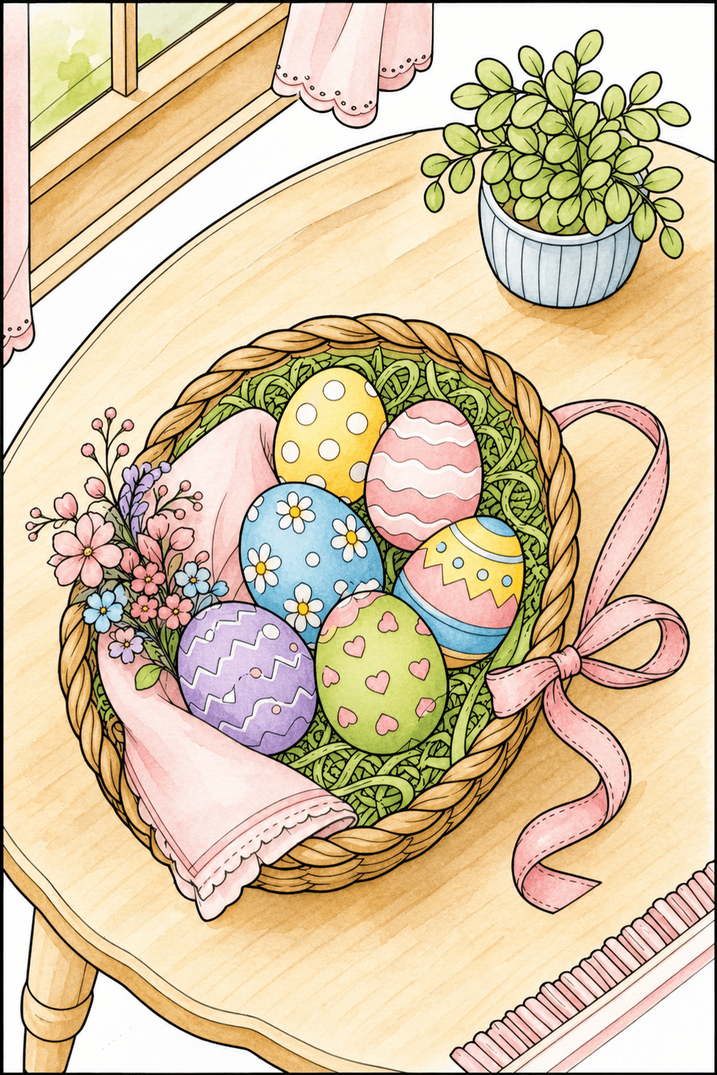 Easter Egg Basket on a Table watercolor colorized preview