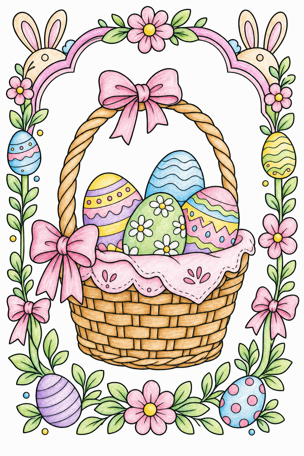 Easter Basket Framed by Flowers and Bunny Ears colored-pencil colorized preview