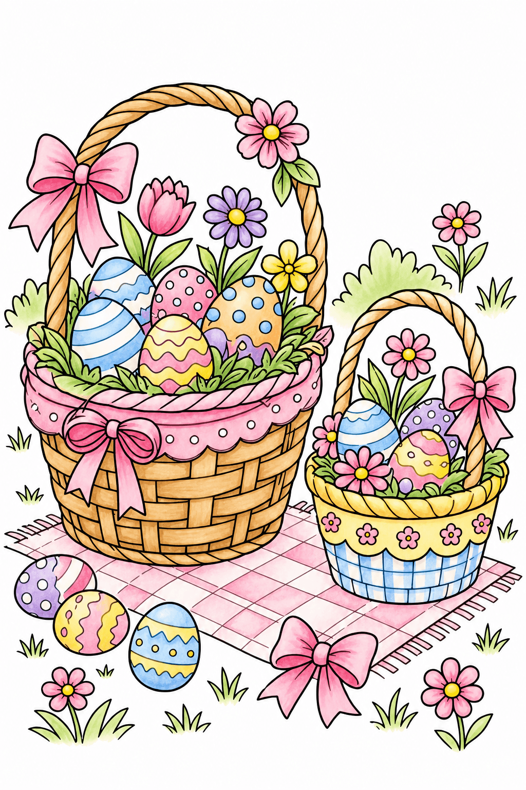 Easter Baskets on a Spring Picnic Blanket watercolor colorized preview