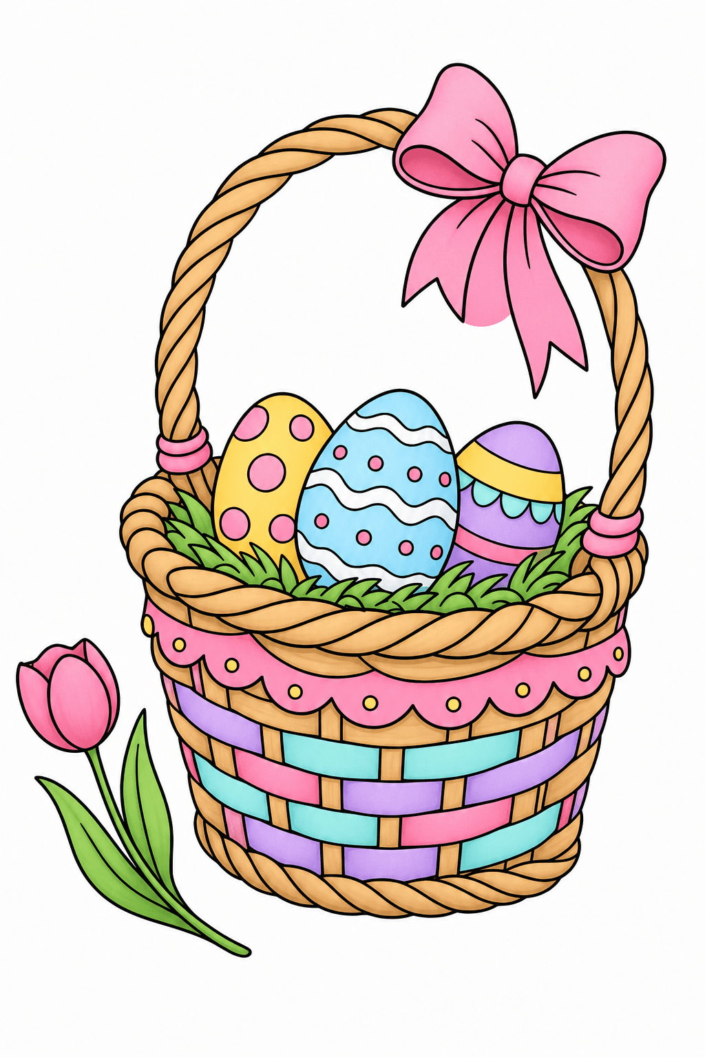Easter Basket with Patterned Eggs and Bow clean-digital colorized preview