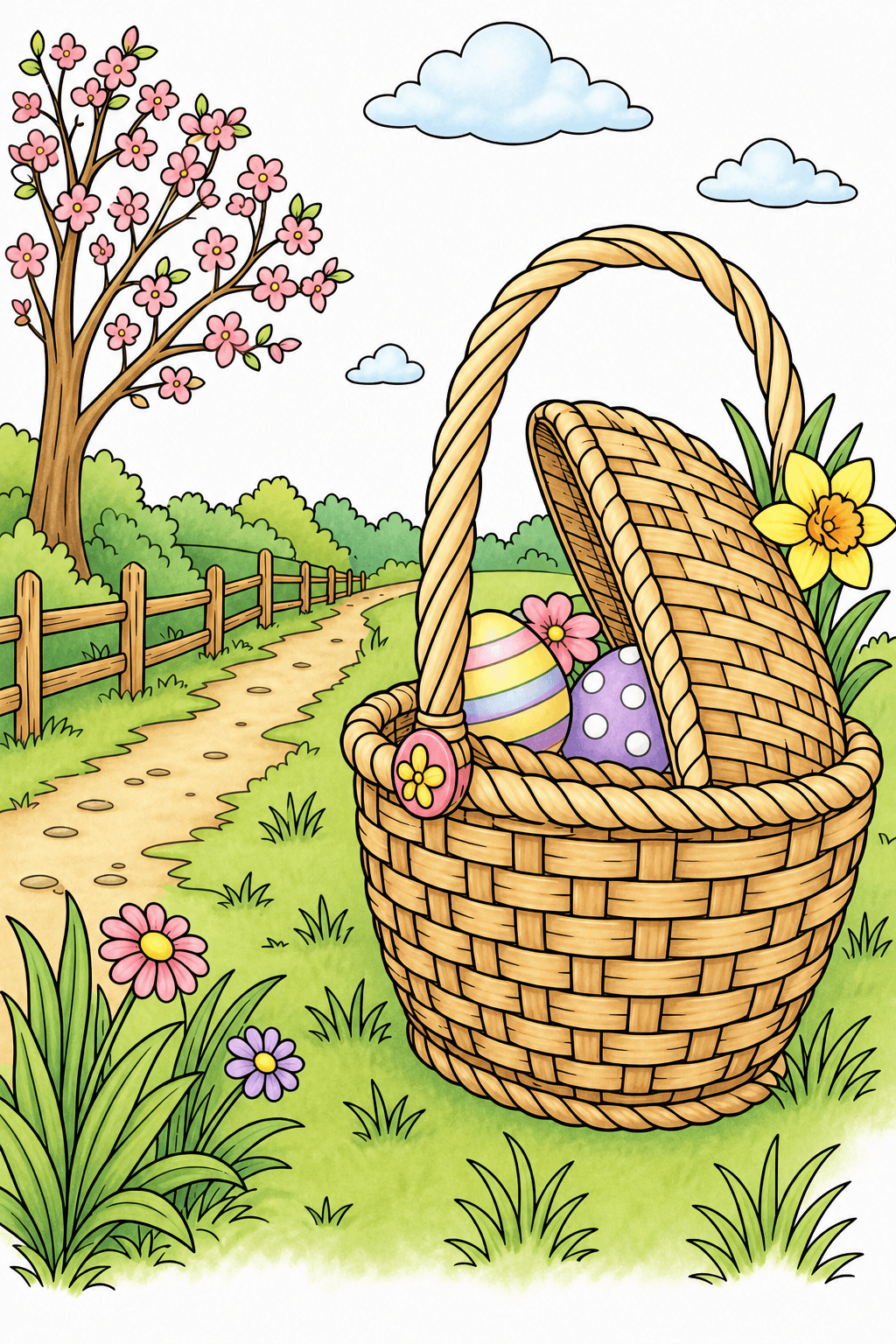 Easter Basket Along a Garden Path storybook colorized preview