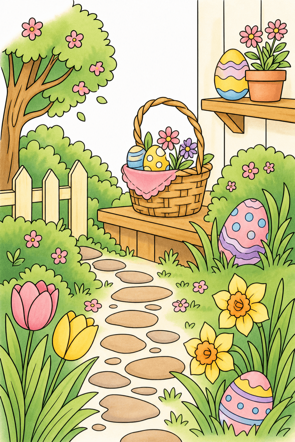 Easter Basket in a Spring Garden storybook colorized preview
