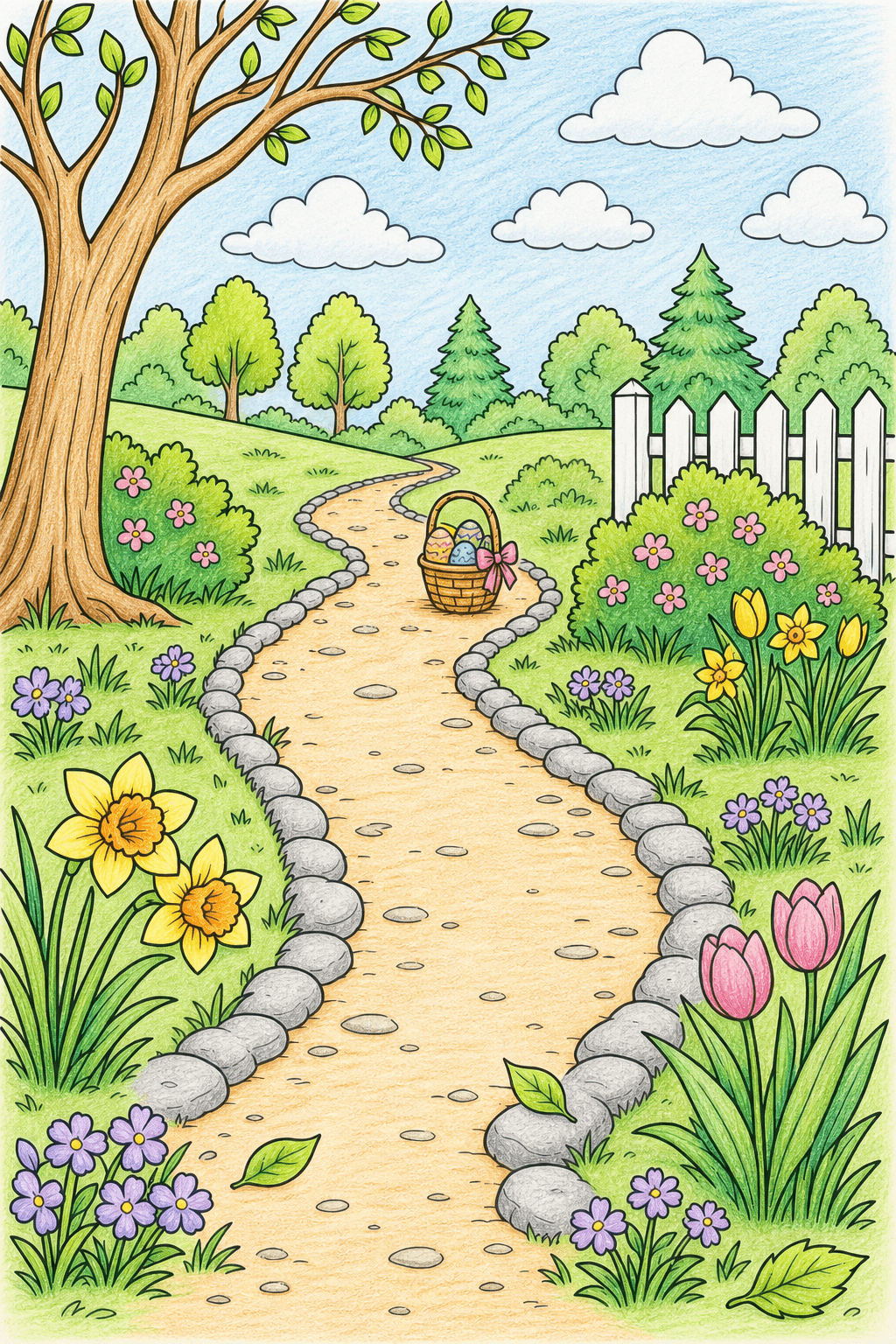 Easter Basket on a Winding Garden Path colored-pencil colorized preview