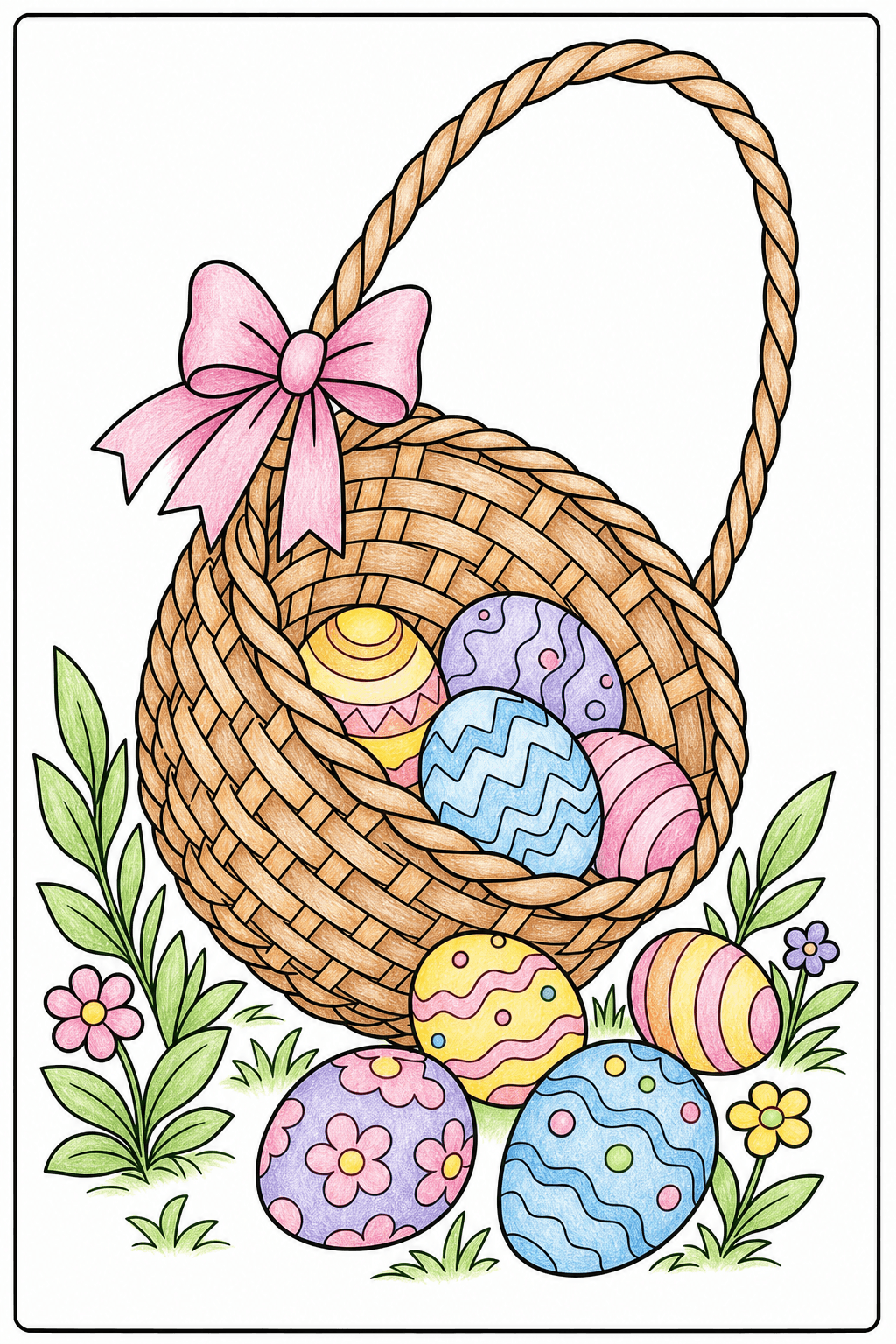 Tilted Easter Basket with Patterned Eggs colored-pencil colorized preview