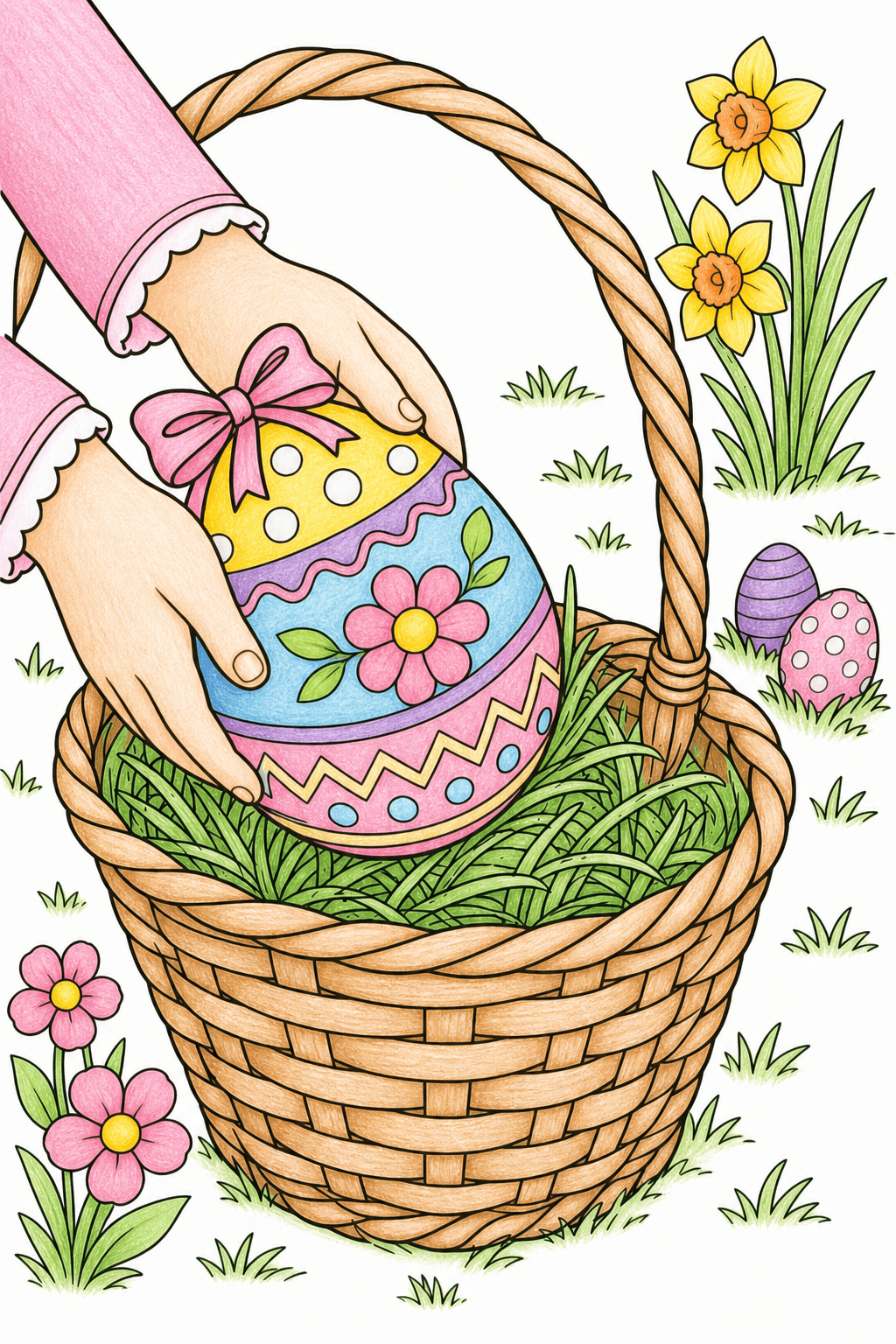 Placing an Easter Egg in a Basket Coloring Page colored-pencil colorized preview