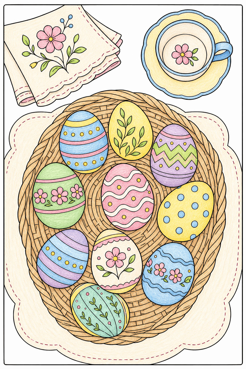 Easter Egg Basket with Teacup colored-pencil colorized preview