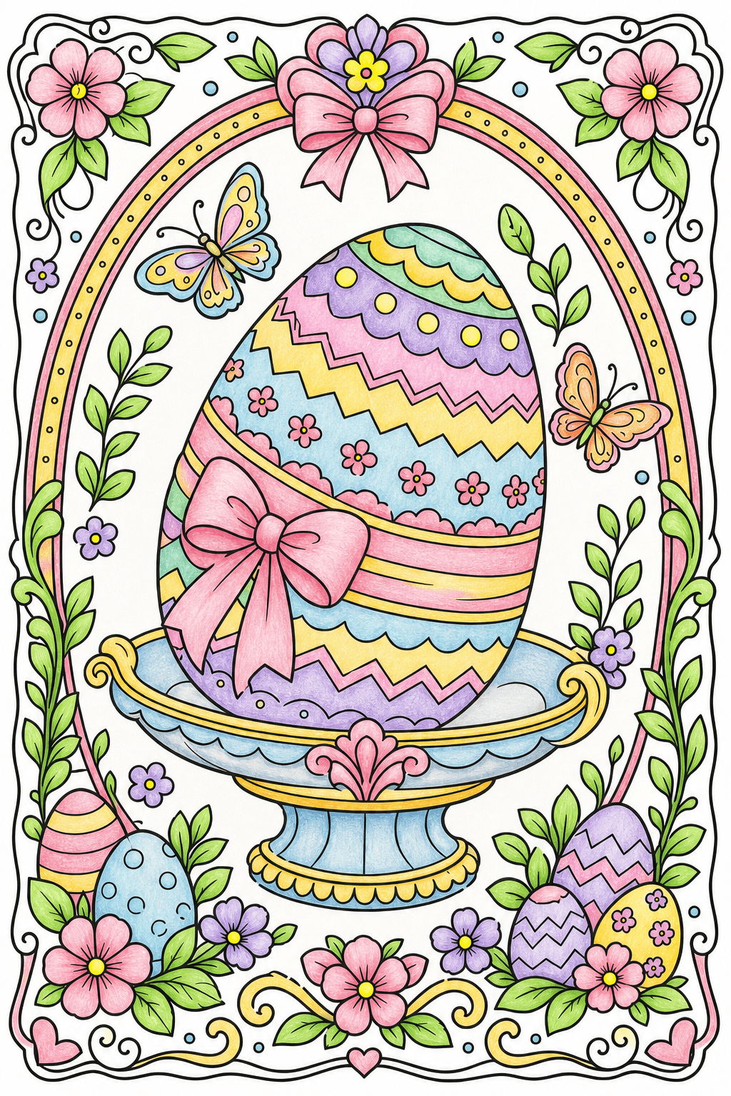 Floral Easter Egg Border Coloring Page colored-pencil colorized preview