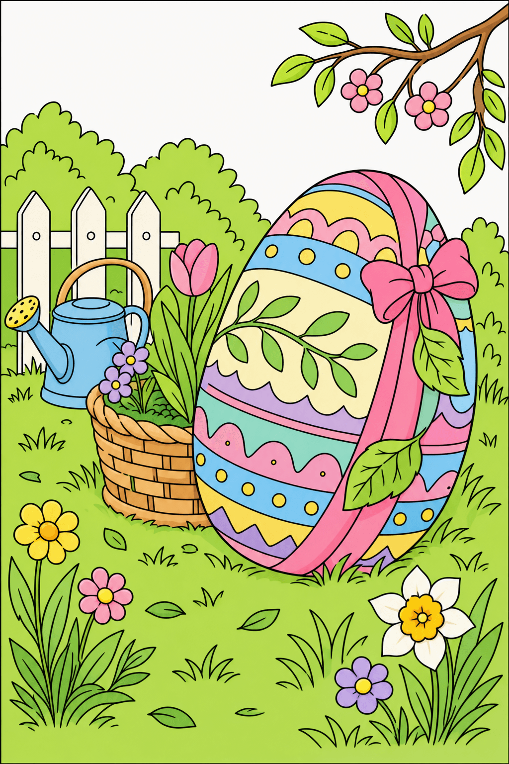 Easter Egg Beside a Flower Basket and Watering Can clean-digital colorized preview