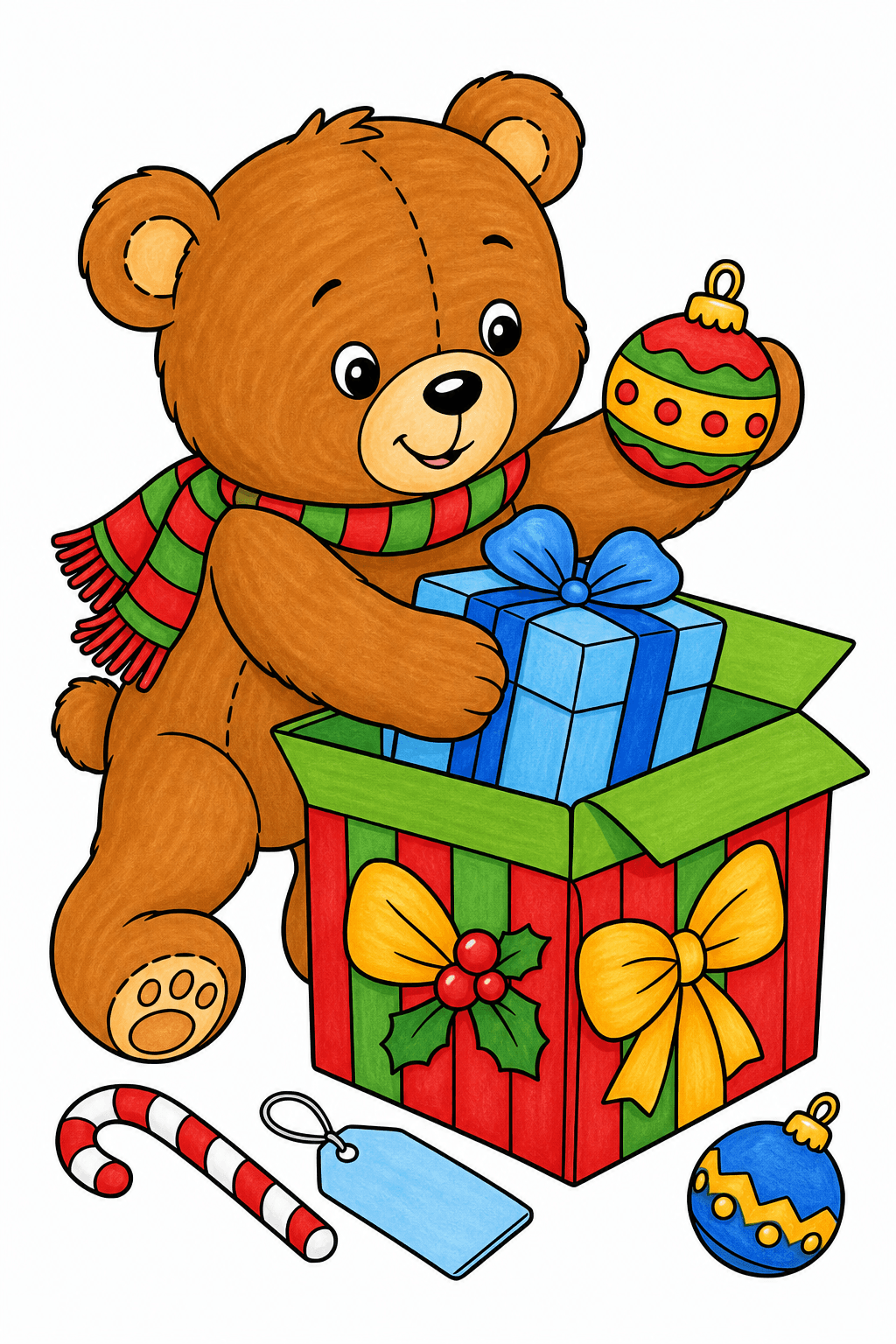 Teddy Bear Unpacking a Christmas Gift marker colorized preview