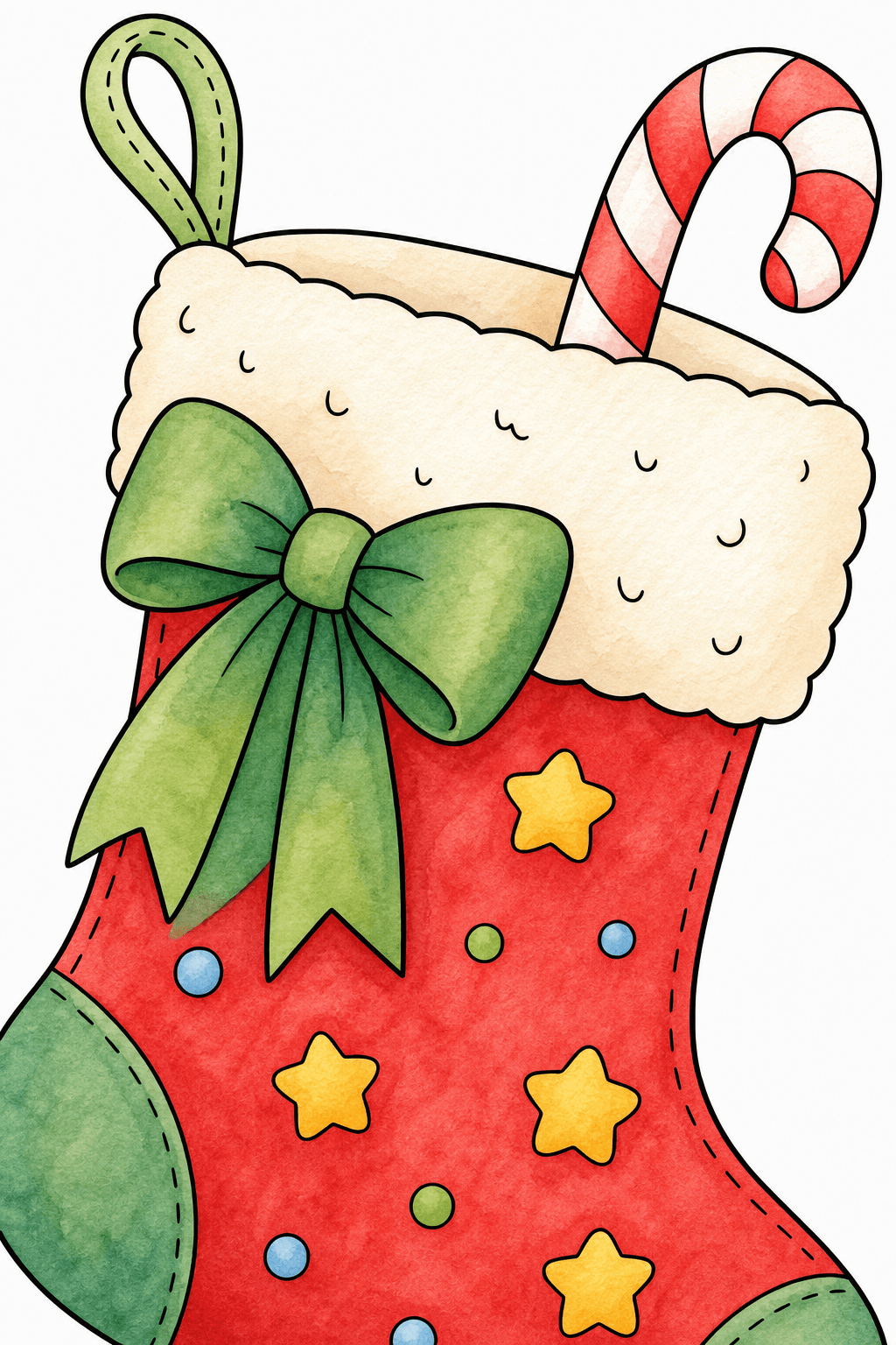 Christmas Stocking with a Fluffy Cuff and Bow watercolor colorized preview
