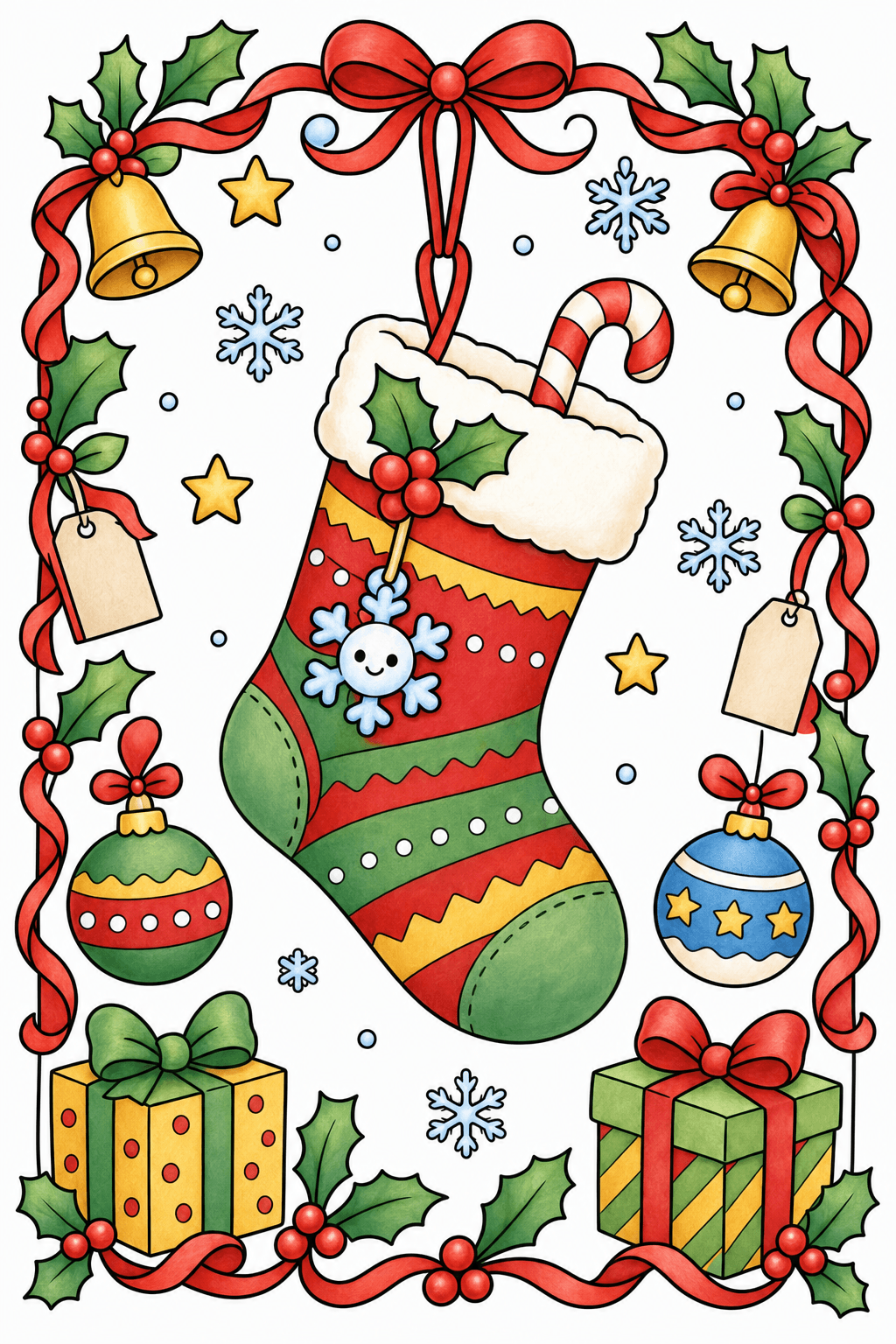 Christmas Stocking Framed by Holly and Ribbons storybook colorized preview
