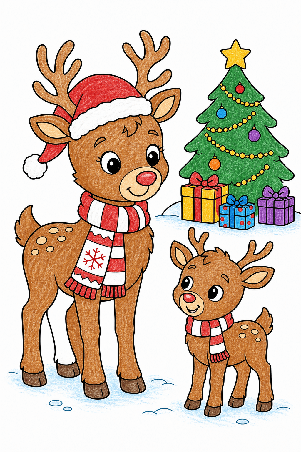 Christmas Reindeer Family by a Decorated Tree crayon colorized preview