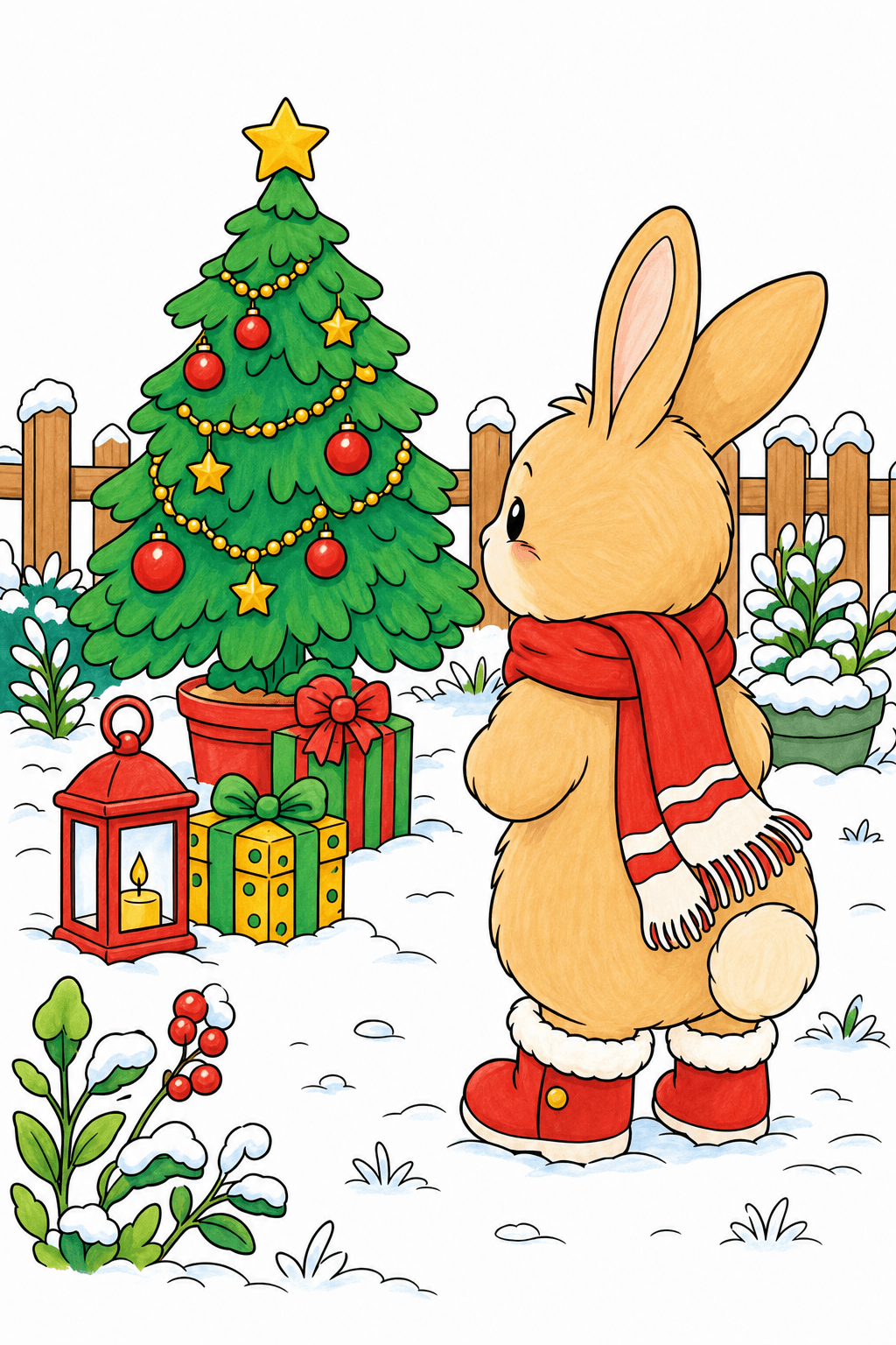 Bunny Beside a Decorated Christmas Tree marker colorized preview