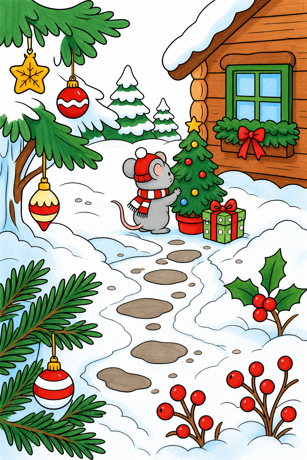 Christmas Mouse in a Snowy Cabin Yard marker colorized preview