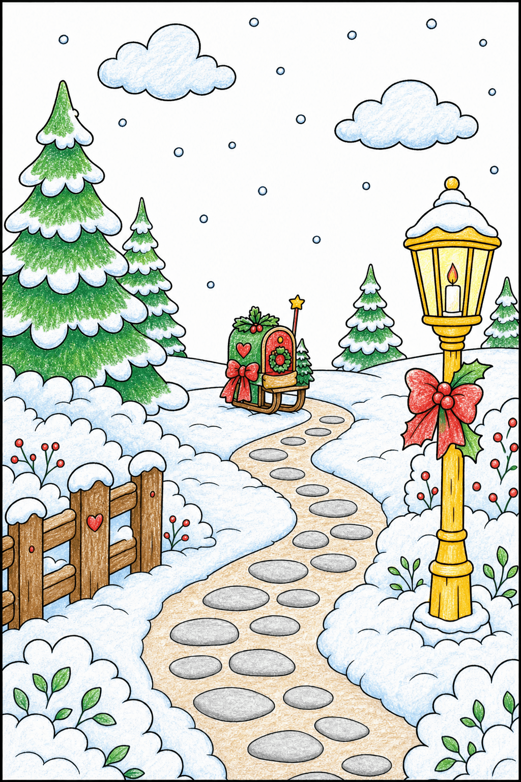 Snowy Garden Path with a Decorated Lamp Post crayon colorized preview