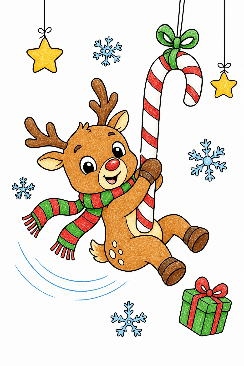 Playful Reindeer Swinging from a Candy Cane crayon colorized preview