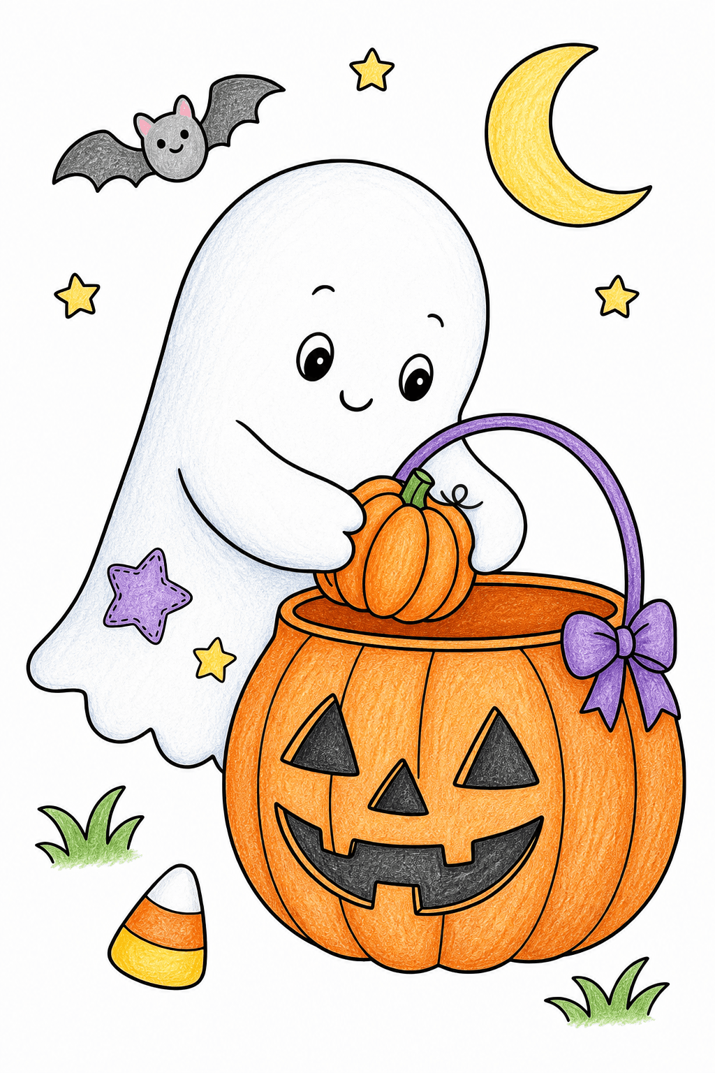 Ghost Placing a Pumpkin in a Candy Bucket colored-pencil colorized preview