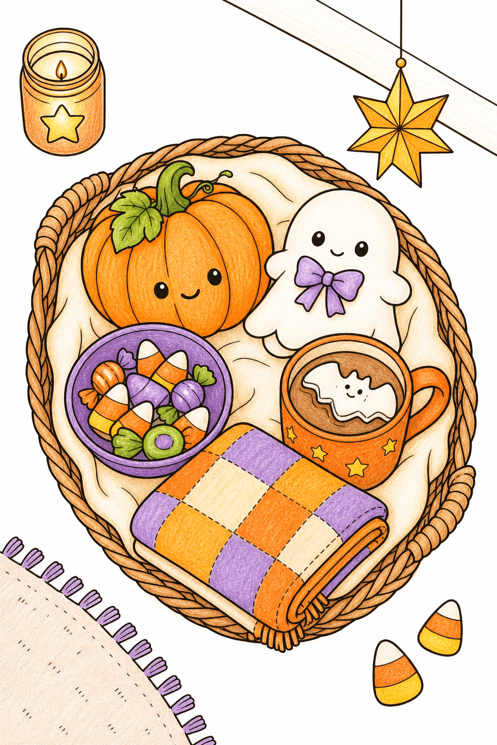 Cozy Halloween Basket with Pumpkin and Ghost colored-pencil colorized preview