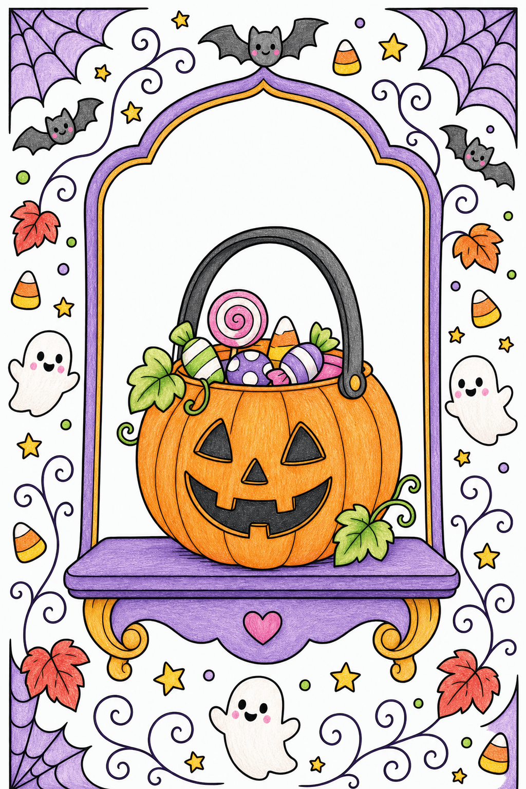 Halloween Candy Bucket in a Decorative Border colored-pencil colorized preview