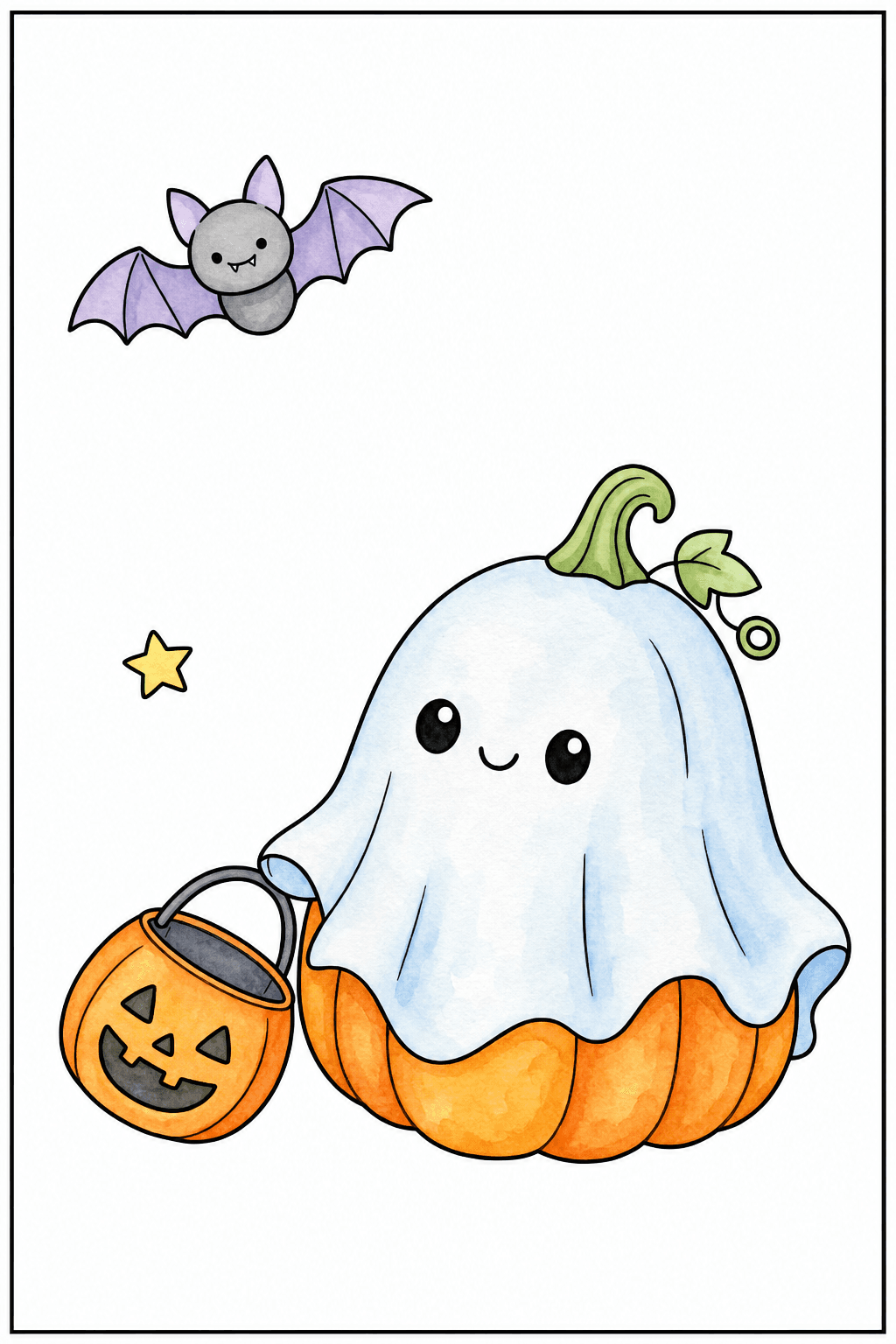 Ghost on a Pumpkin with a Candy Bucket watercolor colorized preview