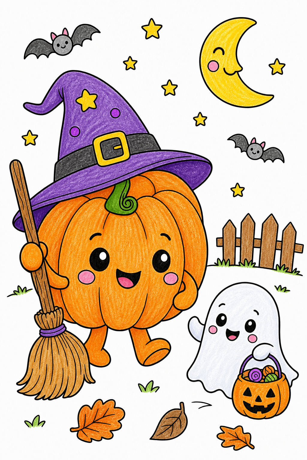 Pumpkin Witch and Candy Ghost Scene crayon colorized preview