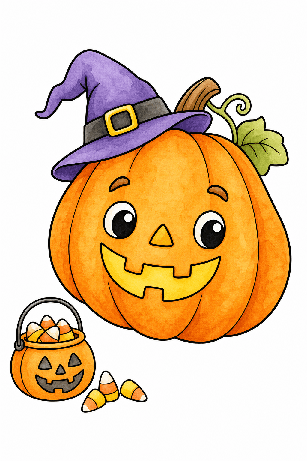 Smiling Pumpkin Wearing a Witch Hat watercolor colorized preview