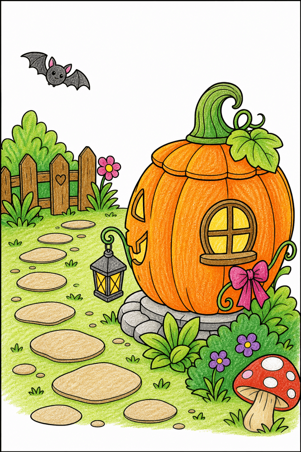 Pumpkin Cottage Along a Garden Path crayon colorized preview