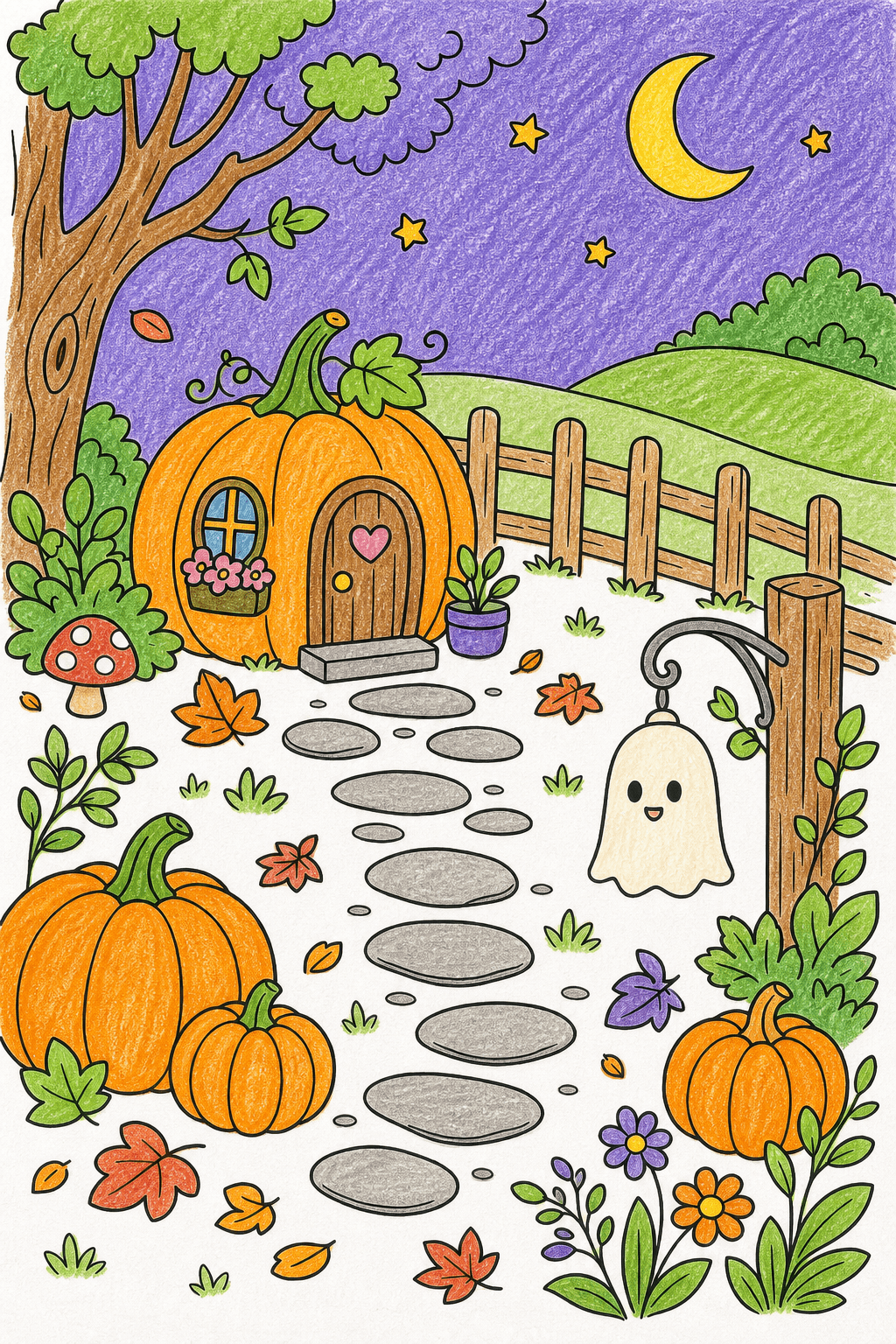 Pumpkin Cottage in a Halloween Garden crayon colorized preview