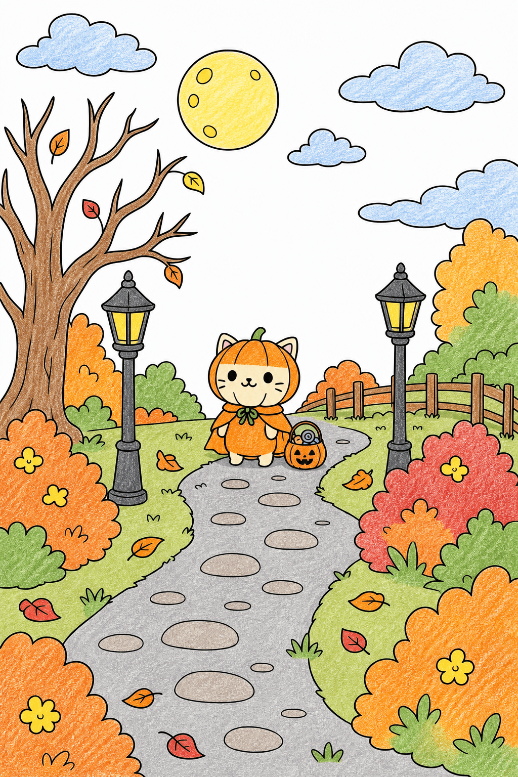 Pumpkin-Costumed Cat on a Moonlit Garden Path crayon colorized preview