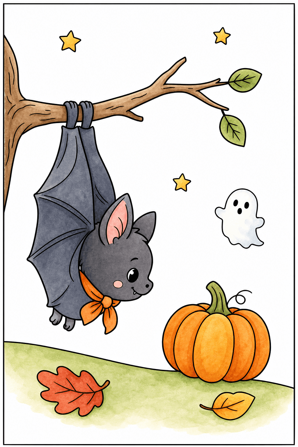 Bat Hanging Above a Pumpkin and Ghost watercolor colorized preview