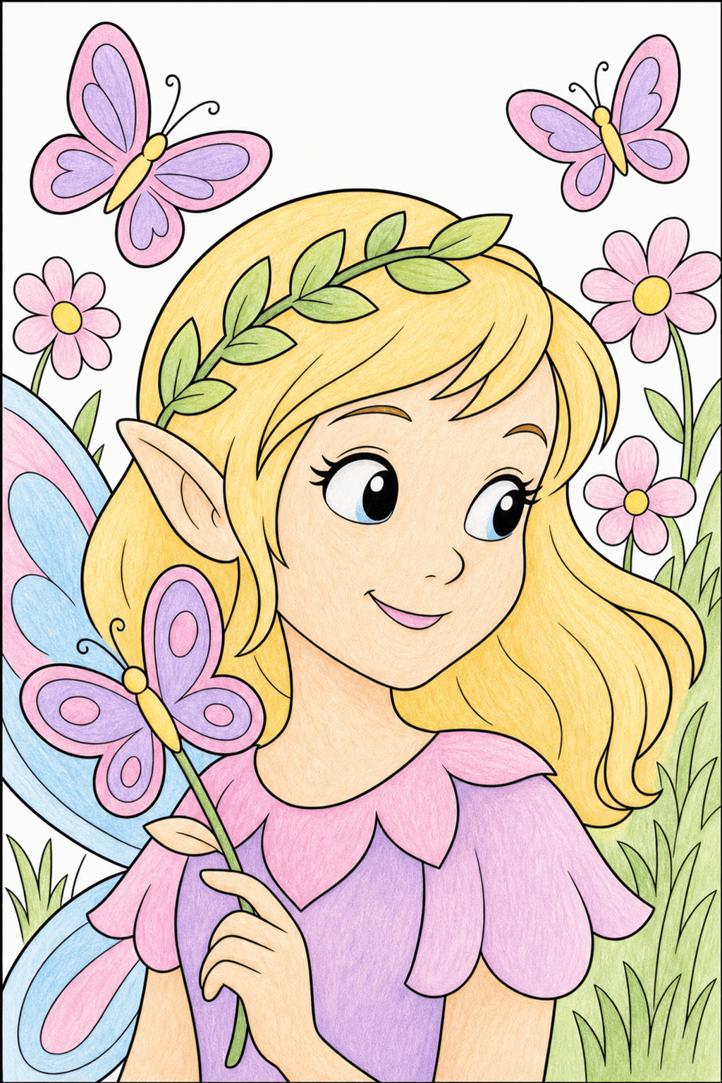 Fairy with Butterflies in a Flower Meadow colored-pencil colorized preview