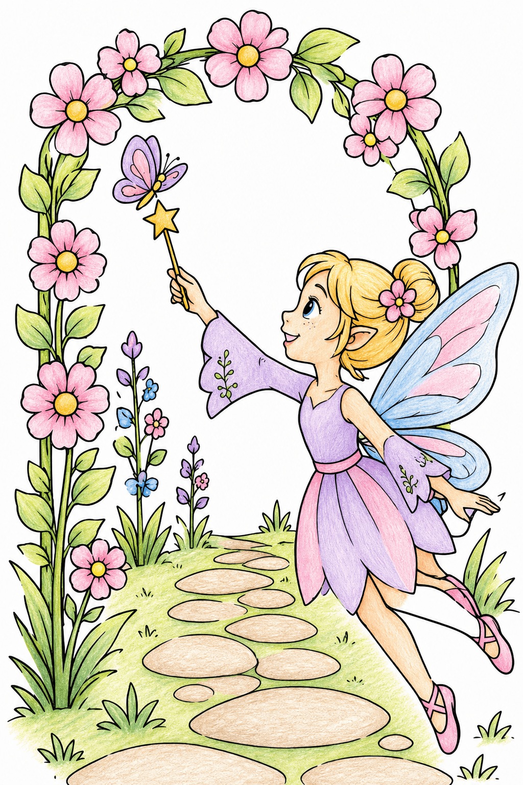 Fairy Under a Flower Arch colored-pencil colorized preview