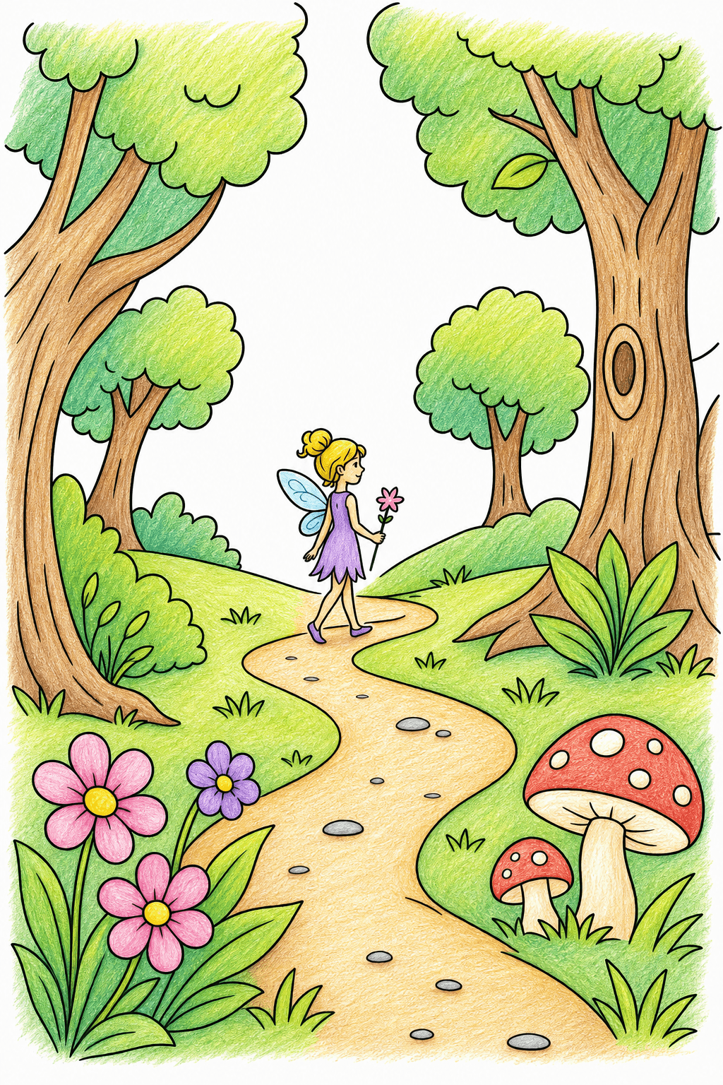 Fairy Walking Through a Forest Clearing colored-pencil colorized preview