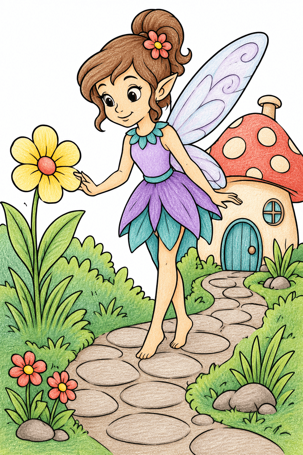 Fairy on a Garden Path to a Mushroom House colored-pencil colorized preview