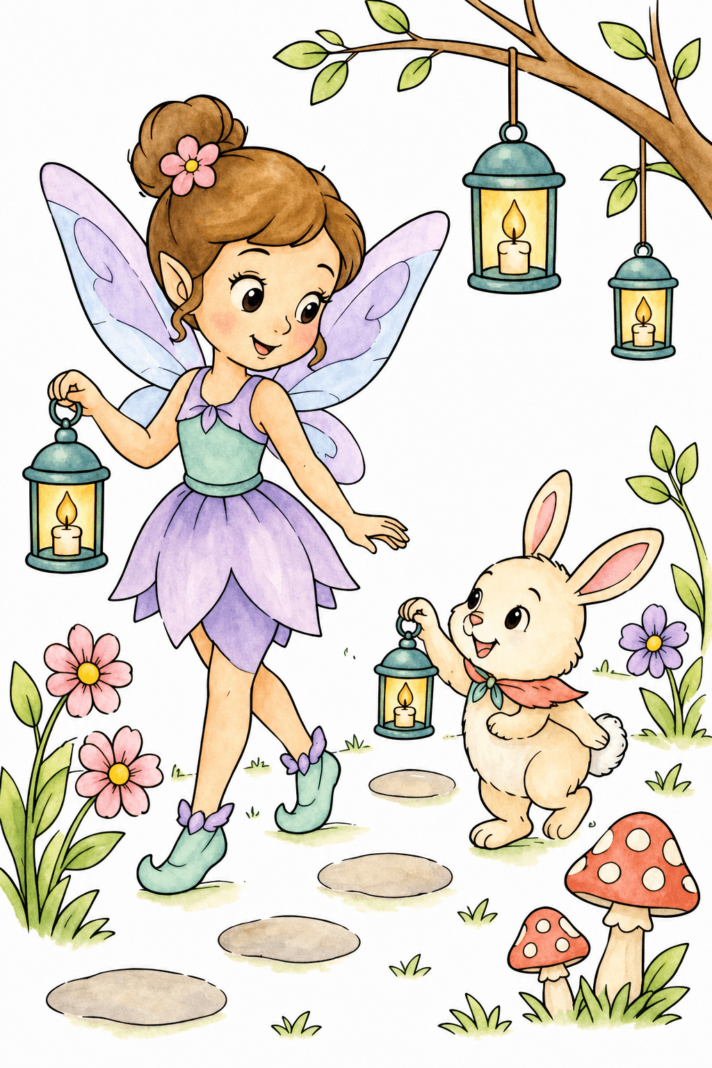 Fairy and Rabbit with Garden Lanterns watercolor colorized preview