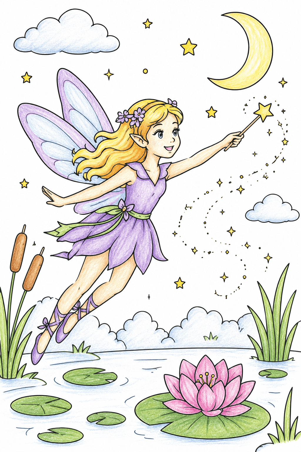 Fairy Above a Lily Pad Moon Pond colored-pencil colorized preview