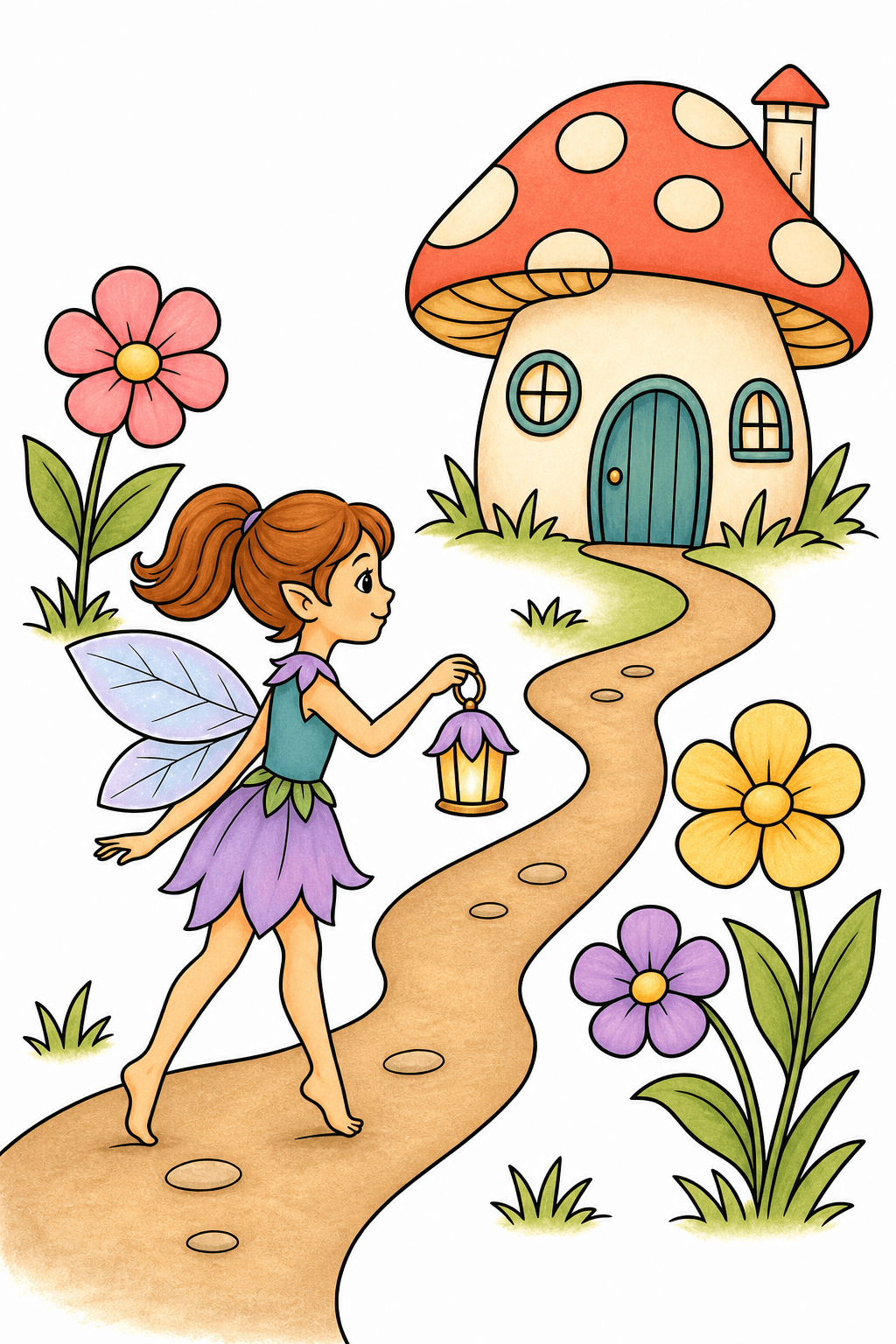 Fairy Carrying a Lantern to a Mushroom House storybook colorized preview