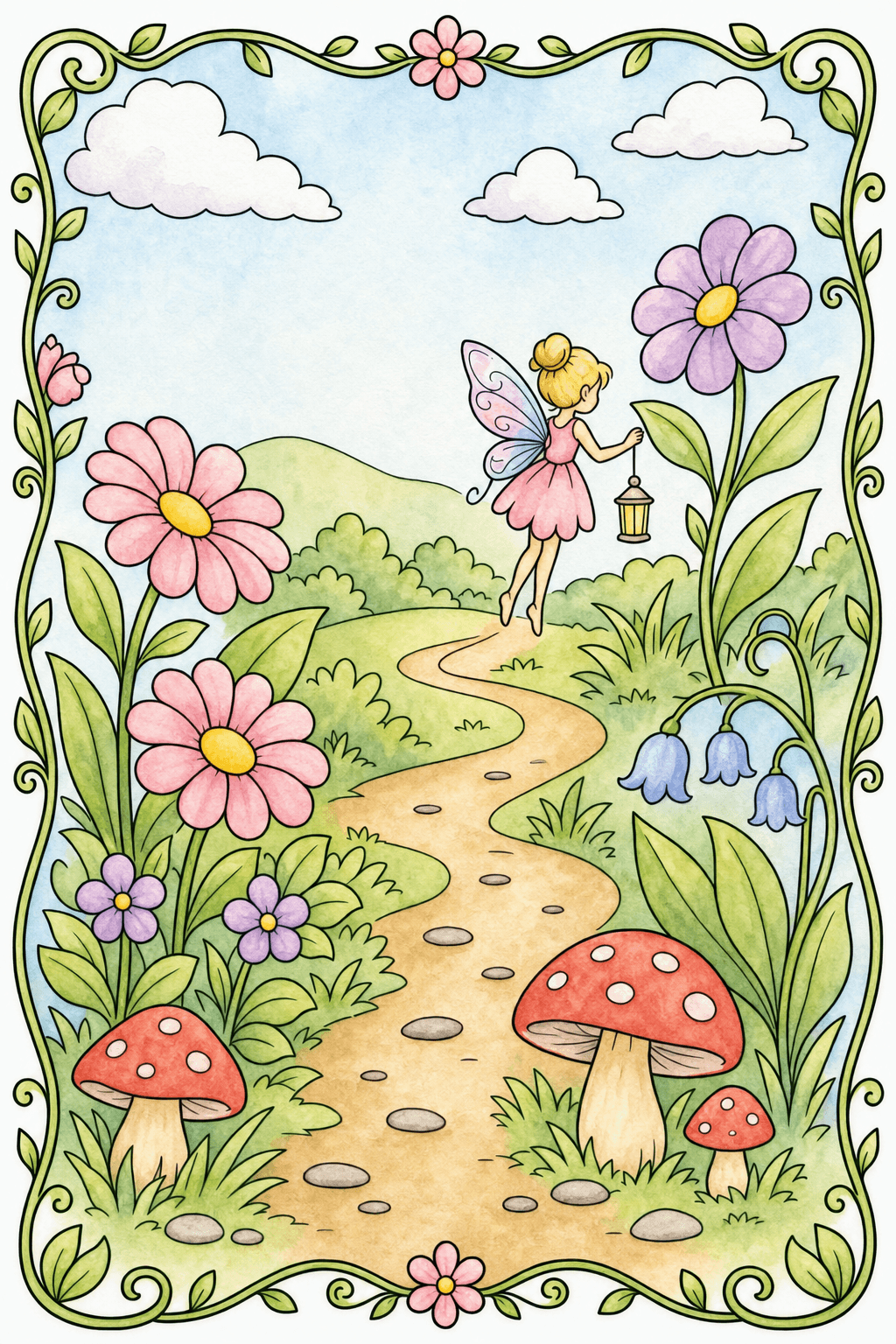 Tiny Fairy in a Vine Storybook Frame watercolor colorized preview