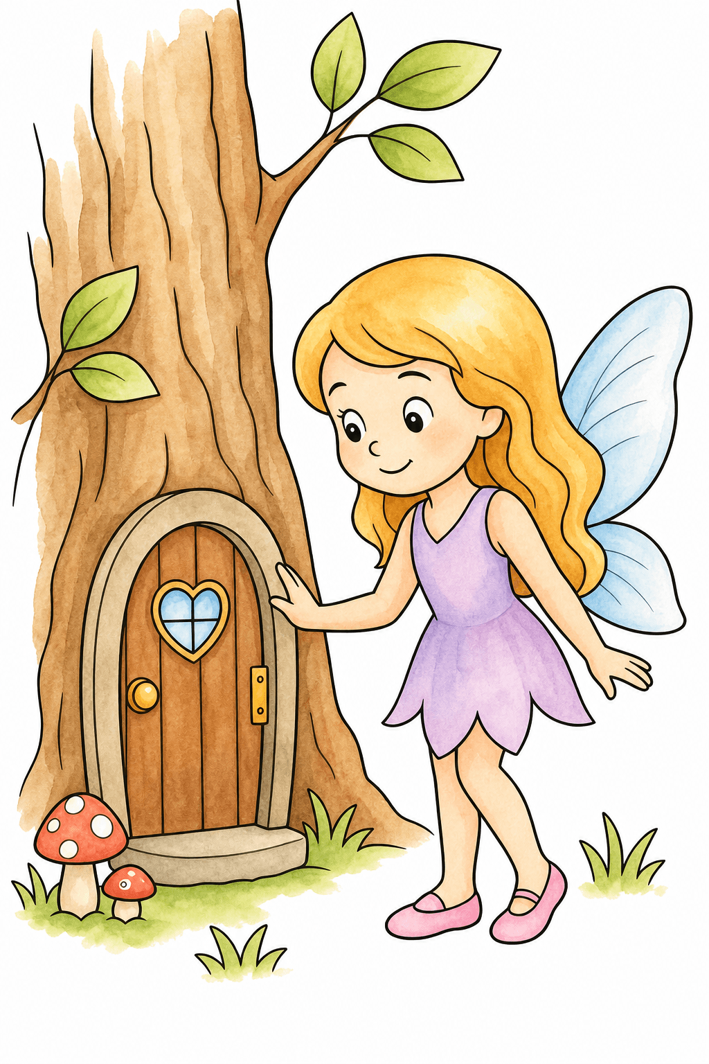 Fairy Visiting a Door in a Tree watercolor colorized preview