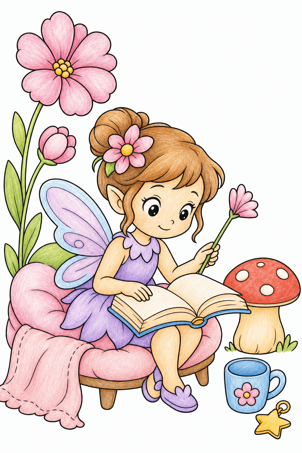 Fairy Reading on a Cushioned Stool colored-pencil colorized preview