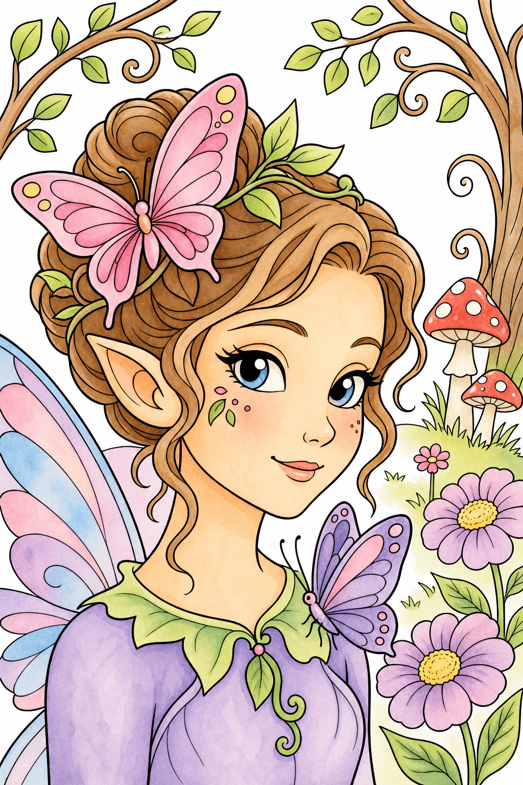Fairy Portrait in a Butterfly Meadow watercolor colorized preview
