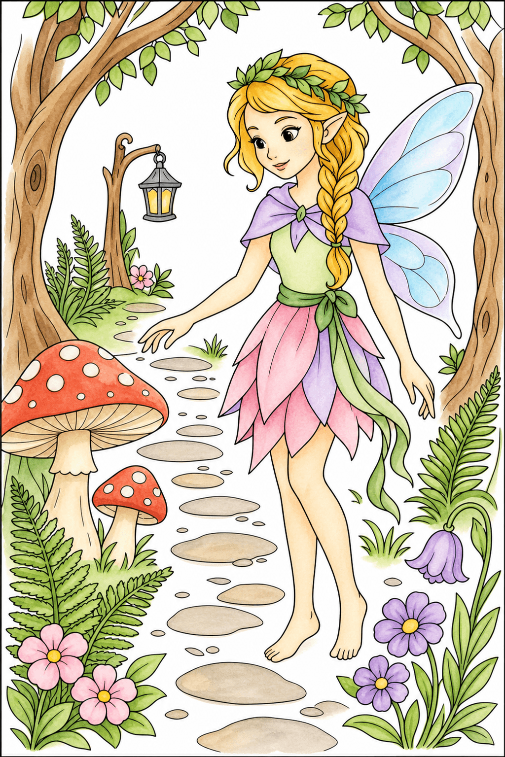 Fairy Walking Along a Lantern Forest Path watercolor colorized preview